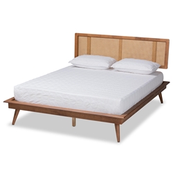 Baxton Studio Nura Mid-Century Modern Walnut Brown Finished Wood and Synthetic Rattan Full Size Platform Bed